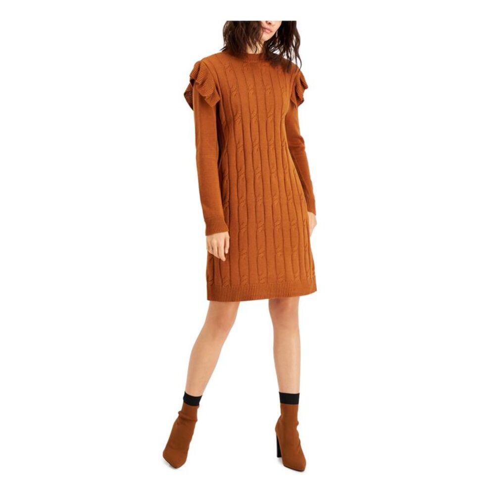 BAR III DRESSES Womens Brown Cable-knit Unlined Pullover Short Sweater Dress S
